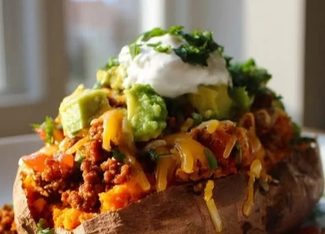 Beef taco stuffed sweet potatoes topped with cheese and fresh toppings