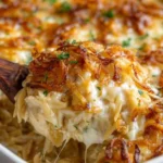 Delicious French Onion Chicken Orzo Casserole topped with melted cheese and herbs