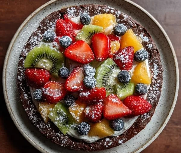 Fruit-topped brownie pizza with vibrant berries and chocolate drizzle