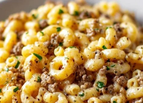 Delicious Garlic Butter Beefaroni served in a bowl for family dinner