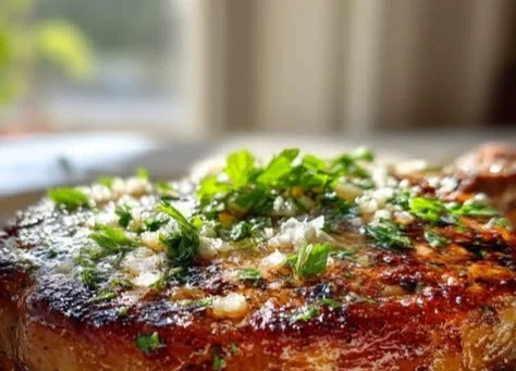 Garlic butter cast iron ribeye steak cooked to perfection and juiciness