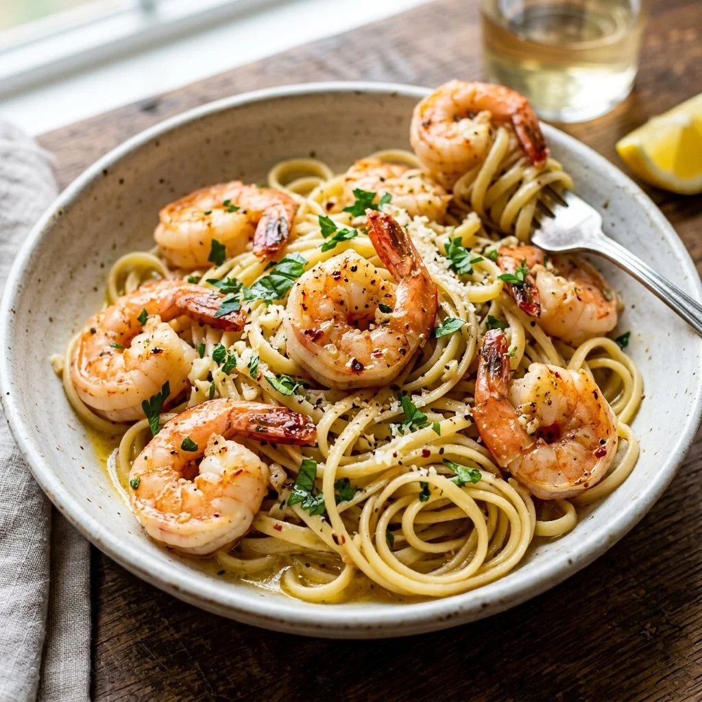 Delicious Garlic Butter Shrimp Pasta served in a bowl with fresh herbs