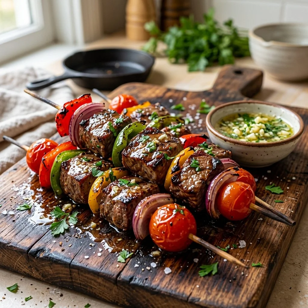 Garlic Butter Steak Kabobs marinated for grilling, served on skewers