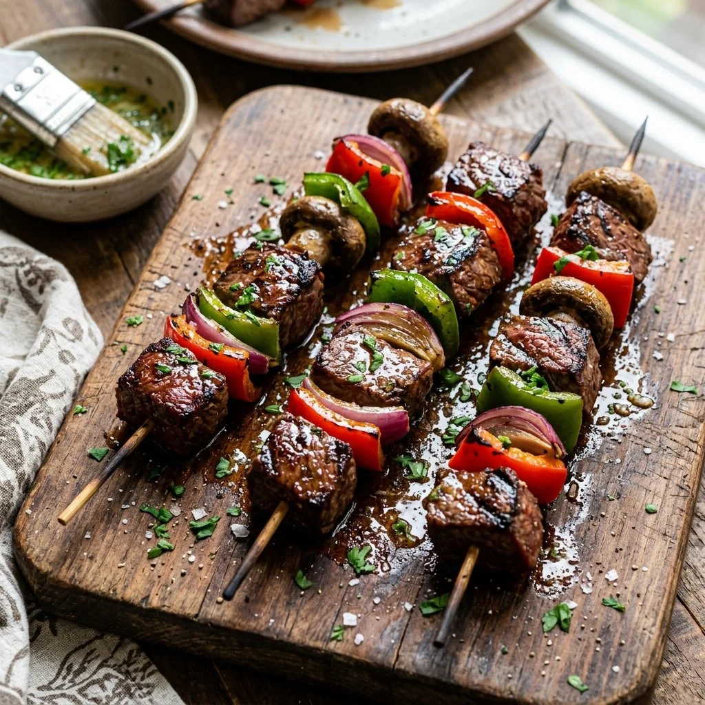 Delicious garlic butter steak kabobs on a grill with colorful vegetables