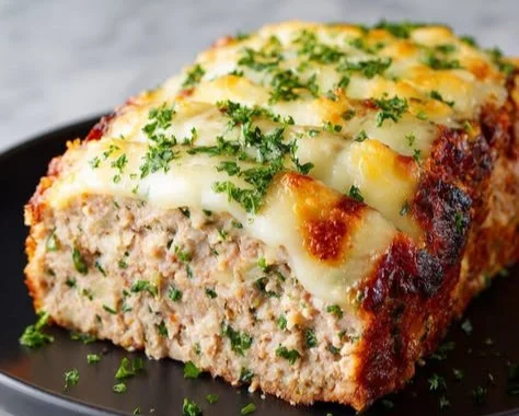 Garlic Parmesan Meatloaf garnished with herbs on a plate