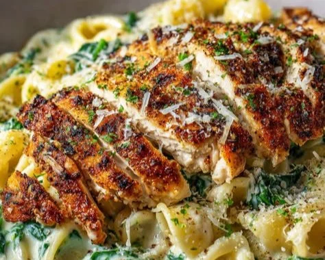 Delicious Garlic Parmesan Pasta garnished with fresh herbs and cheese