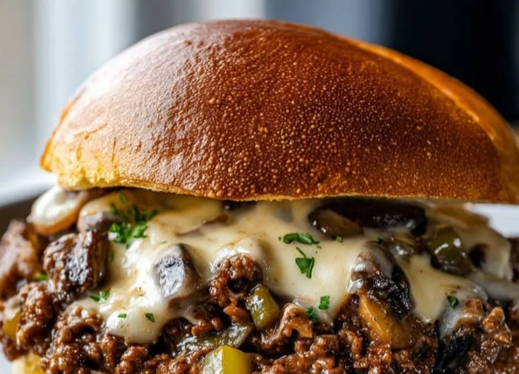 Gordon Ramsay's Beef Philly Cheesesteak Sloppy Joes on a plate