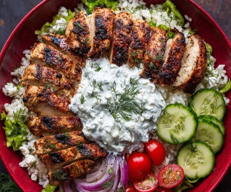 Delicious Greek chicken bowls with fresh ingredients and vibrant flavors