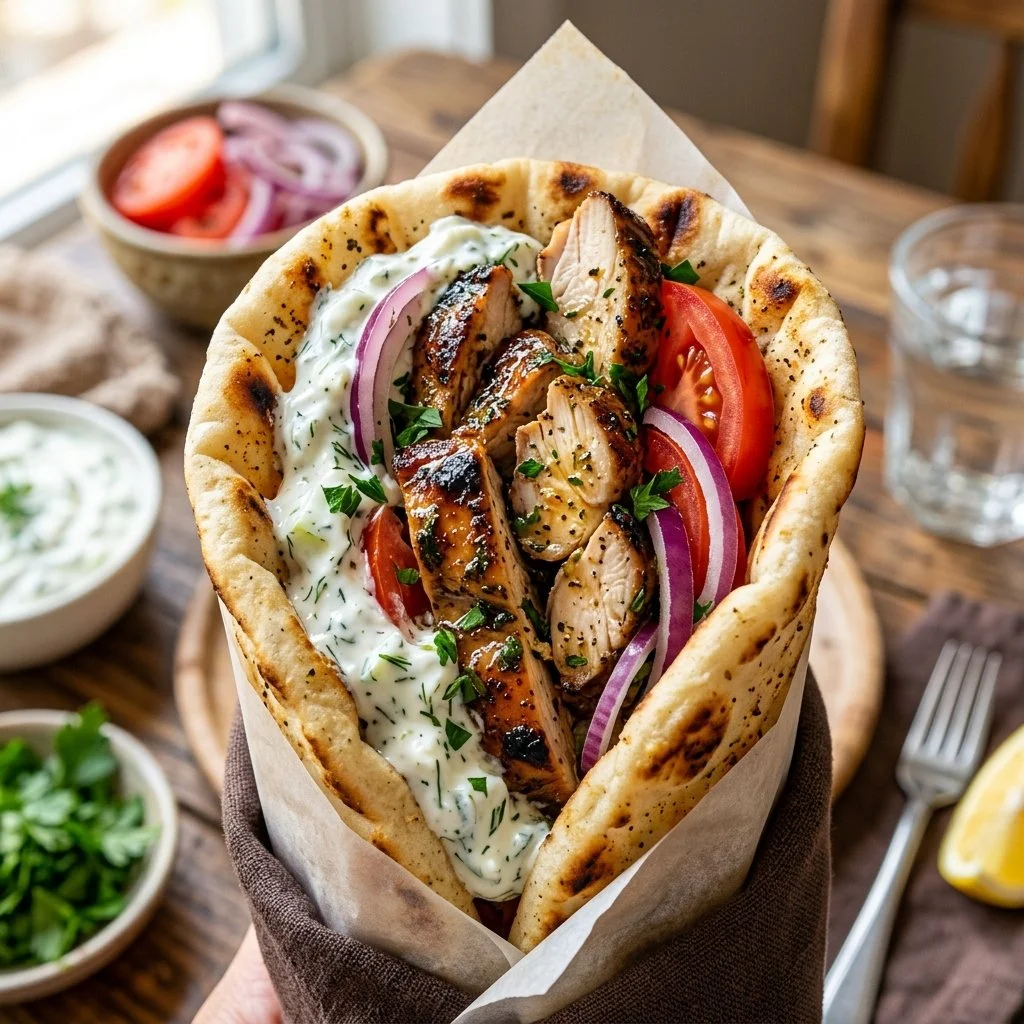 Delicious Greek Chicken Gyros served with fresh toppings and pita bread
