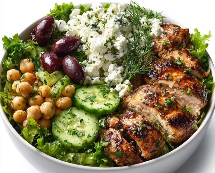 Greek chickpea chicken bowls high-protein meal prep idea with fresh ingredients