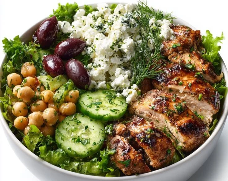 Greek Chickpea Chicken Bowls topped with fresh ingredients
