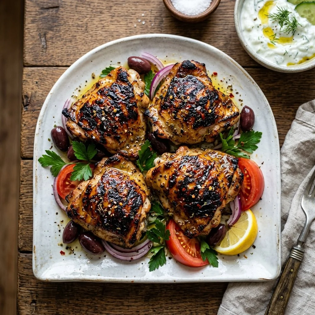 Delicious Greek grilled chicken served with fresh herbs and lemon.