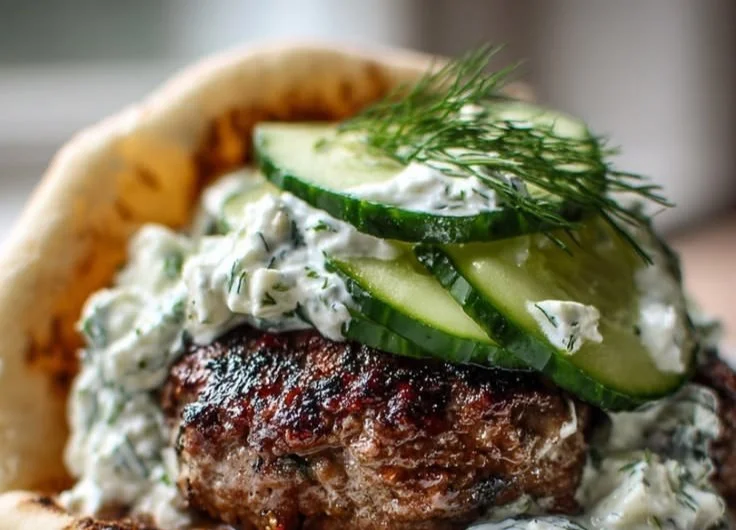 Greek lamb burger topped with tzatziki sauce and cucumber on a plate