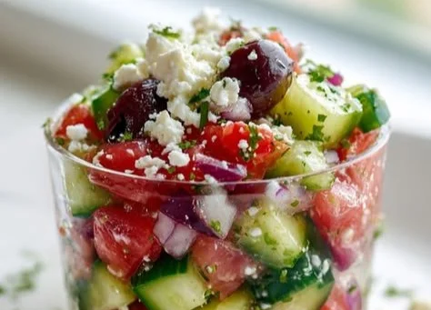 Greek Salad Grazing Cups filled with fresh vegetables and feta cheese