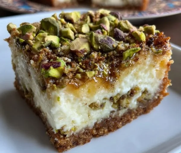 Greek-style honey pistachio cheesecake bars with a creamy topping and crunchy nuts