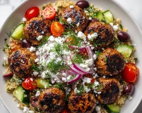 Greek Turkey Meatball Bowl with vegetables and sauce in a serving dish