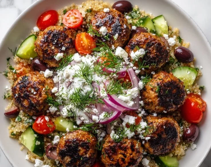 Greek Turkey Meatball Bowls topped with fresh vegetables and herbs