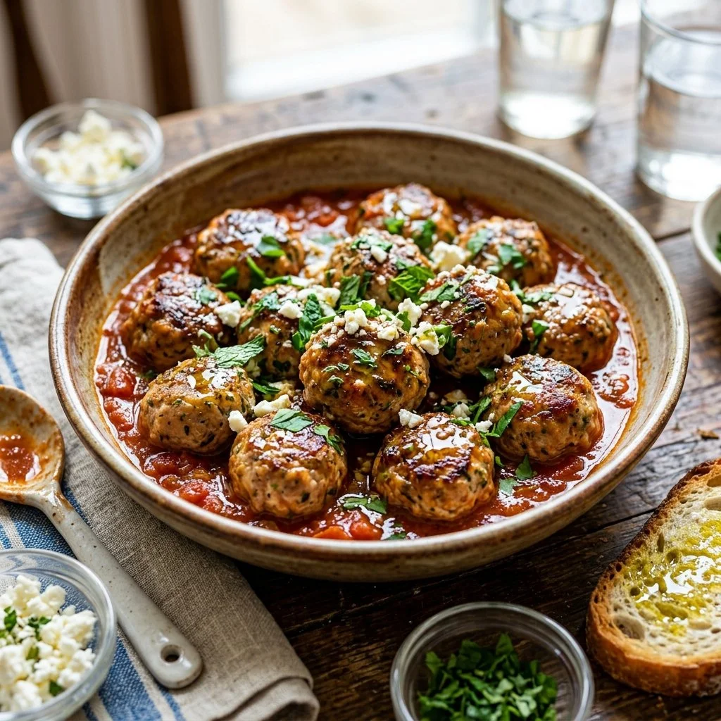 Plate of homemade Greek Turkey Meatballs garnished with herbs