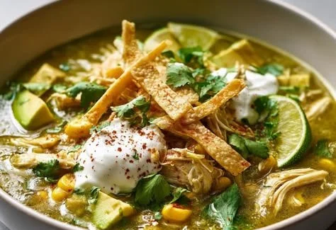 Bowl of Green Chile Chicken Tortilla Soup with fresh ingredients and spices