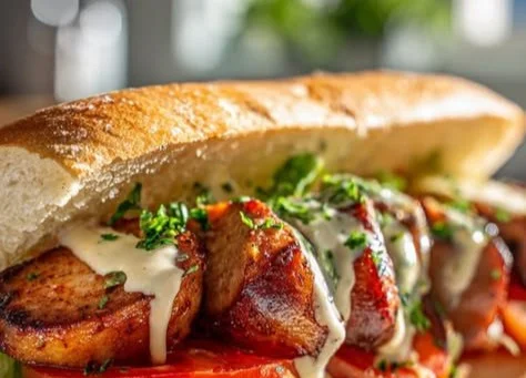 Grilled Cajun Beef Sausage Po' Boy sandwich served with toppings
