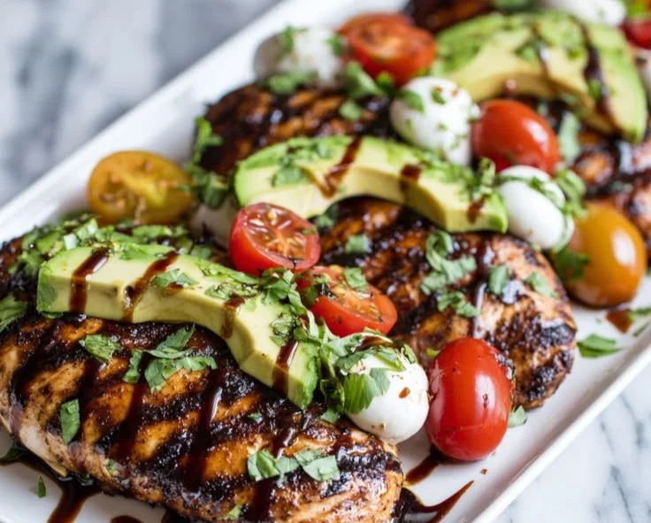 Grilled California avocado chicken served with fresh vegetables and herbs