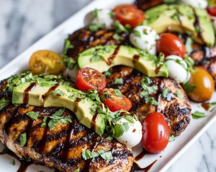 Grilled California avocado chicken recipe on a plate with fresh ingredients.