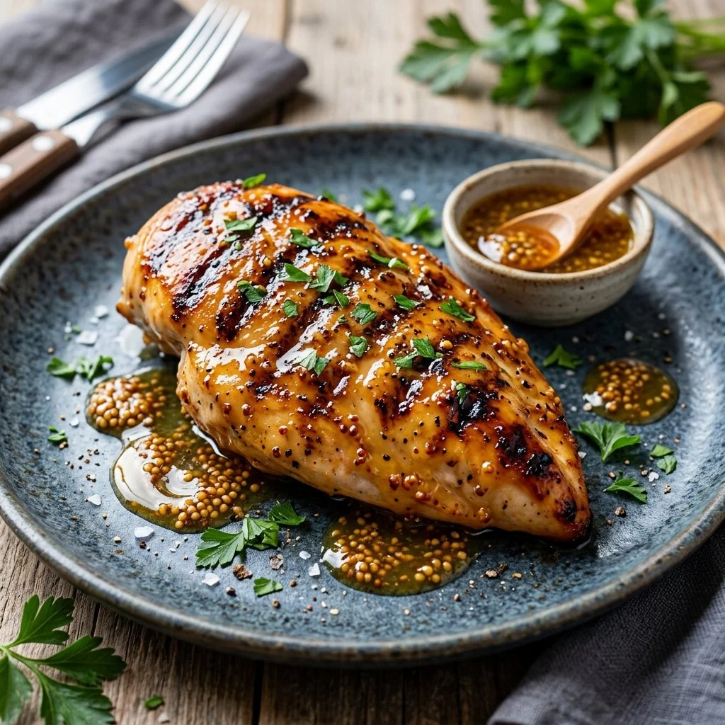 Grilled honey mustard chicken served with fresh vegetables
