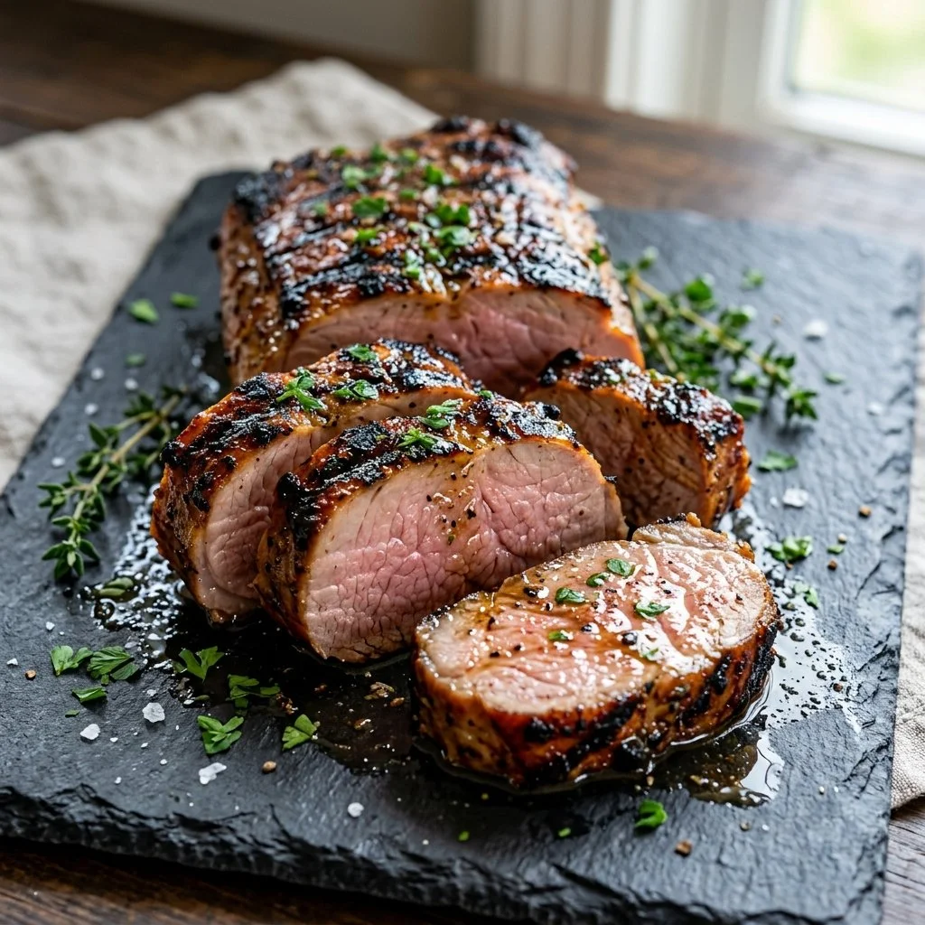 Juicy grilled pork tenderloin served with herbs and spices