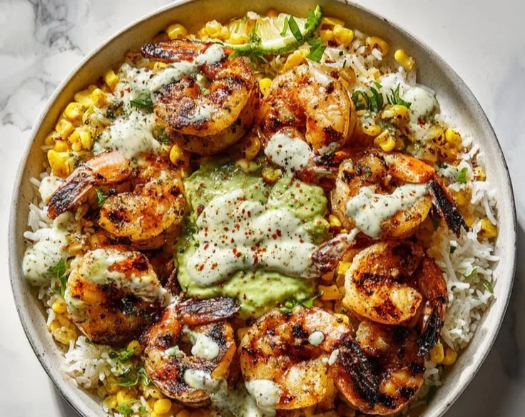 Grilled shrimp bowl with avocado and corn salsa, healthy seafood meal