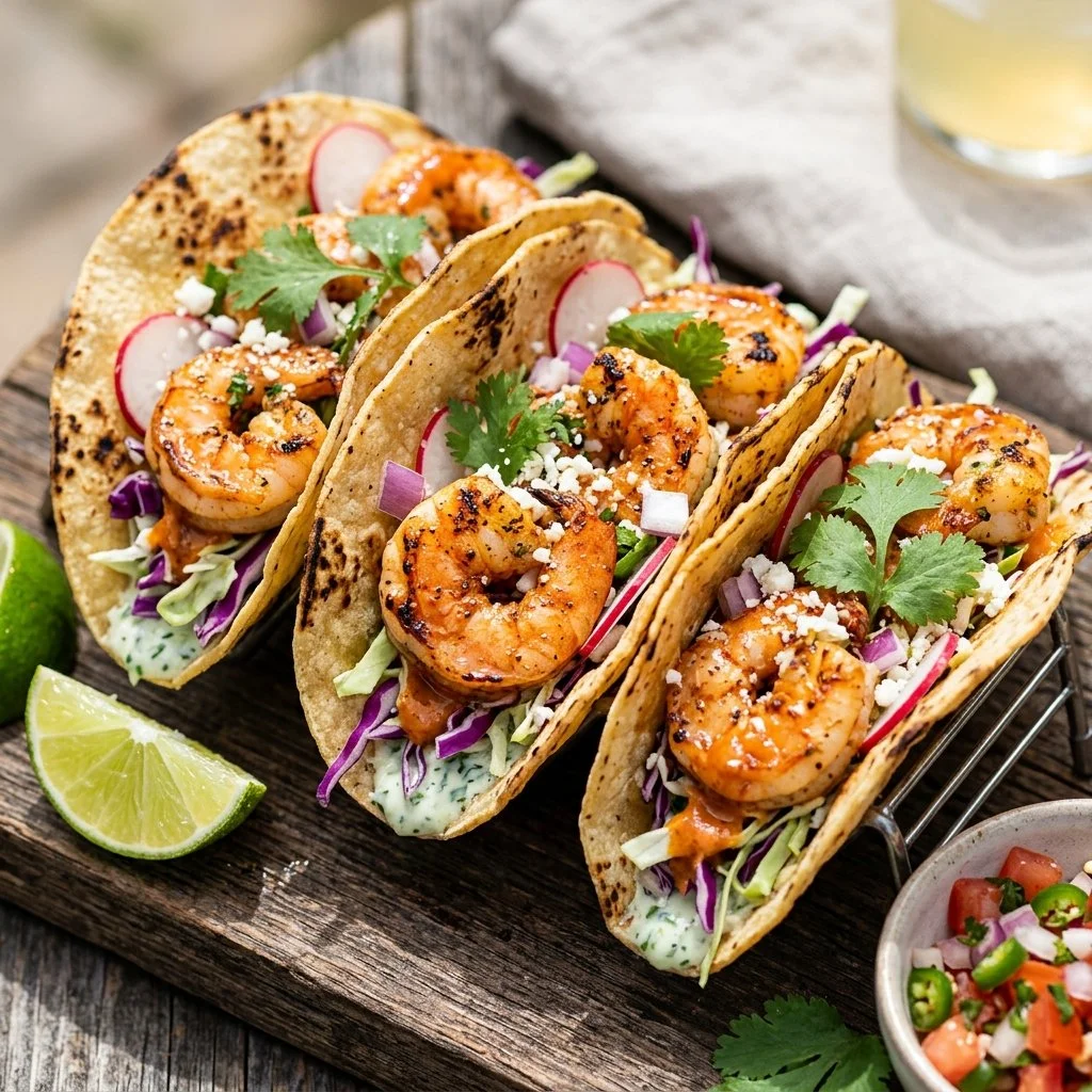 Delicious grilled shrimp tacos topped with fresh ingredients on a rustic plate.