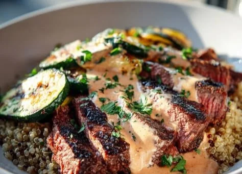 Grilled Steak Bowl topped with creamy sauce and fresh zucchini garnishes