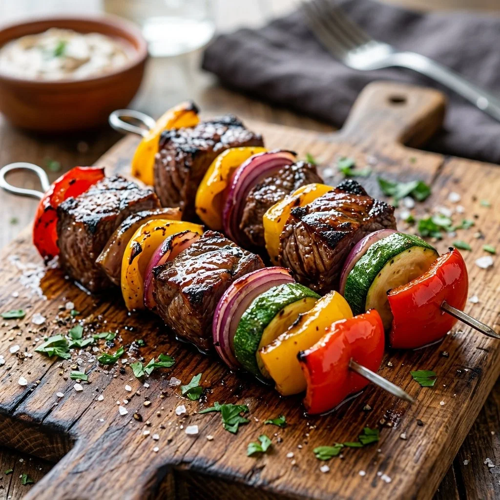 Plate of delicious grilled steak kabobs with vegetables