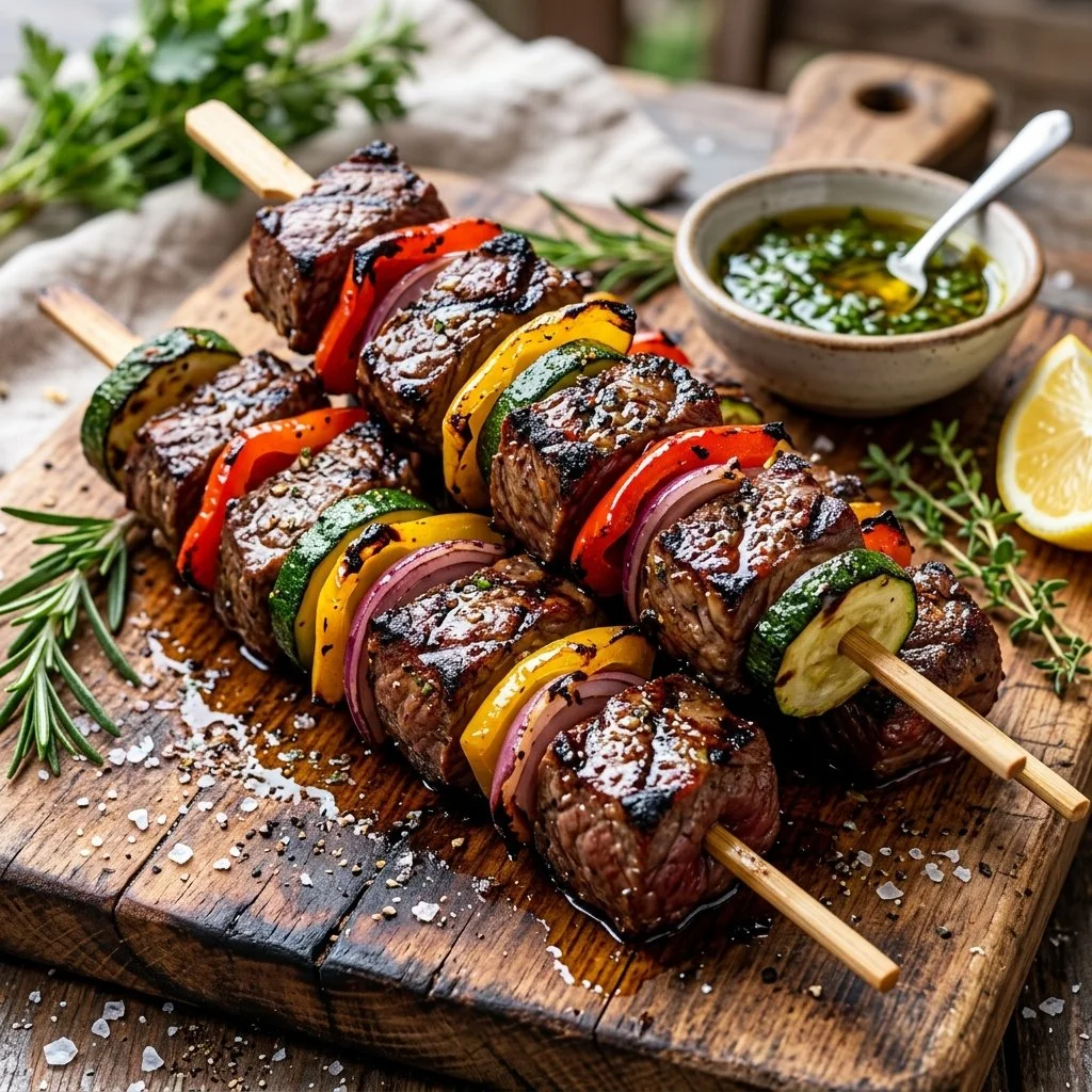 Delicious grilled steak kabobs served with colorful vegetables on skewers.