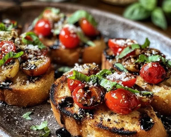 Delicious Grilled Tuscan Garlic Bruschetta topped with fresh tomatoes and basil