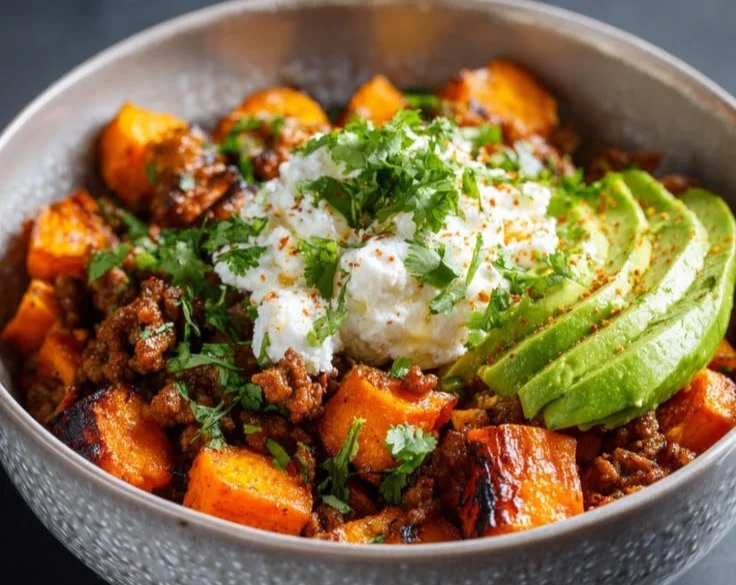 Ground Beef Hot Honey Bowl with garnish in a colorful dish
