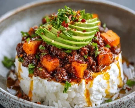 Delicious Ground Beef Hot Honey Bowls topped with fresh ingredients.
