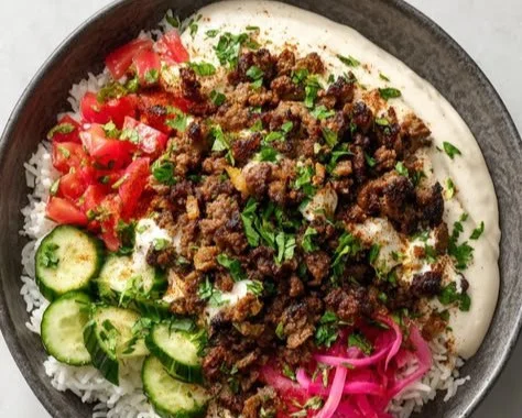 Ground Beef Shawarma Bowls served with fresh vegetables and spices