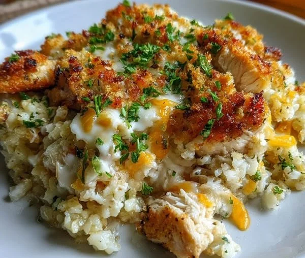 Healthy chicken and cauliflower rice casserole in a baking dish