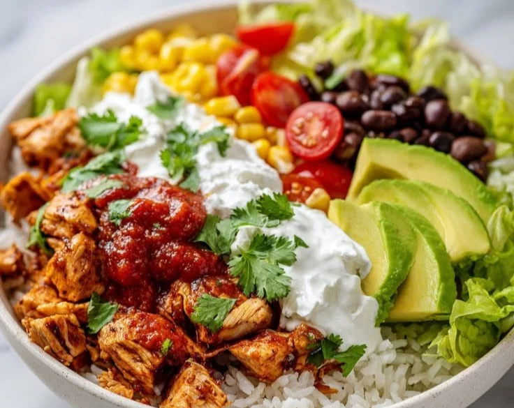 Healthy chicken taco bowls with fresh ingredients and vibrant toppings