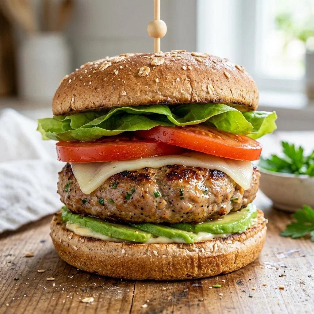 Healthy turkey burgers served with fresh toppings and side vegetables