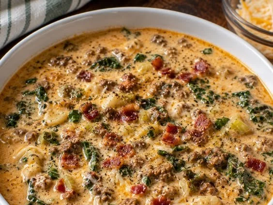 Bowl of hearty keto soup with fresh herbs and vegetables
