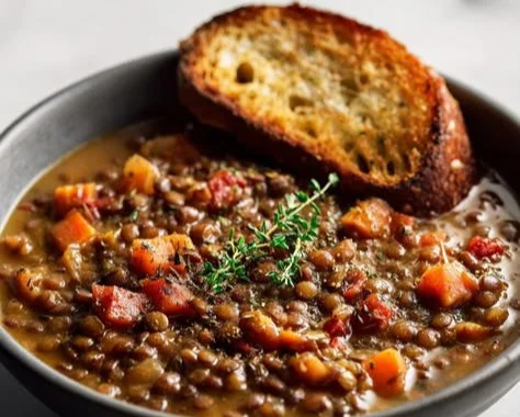Bowl of hearty lentil stew, a nutritious high-protein comfort food dish