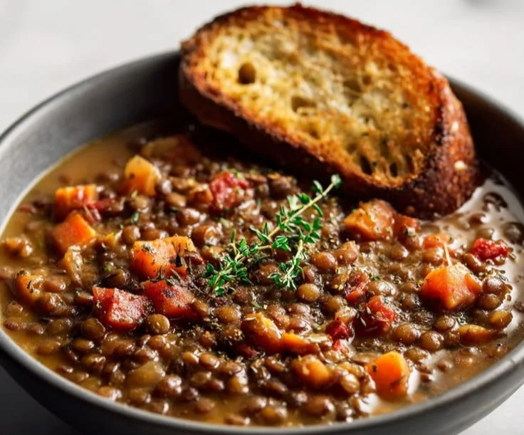 A bowl of hearty lentil stew garnished with herbs and served with bread