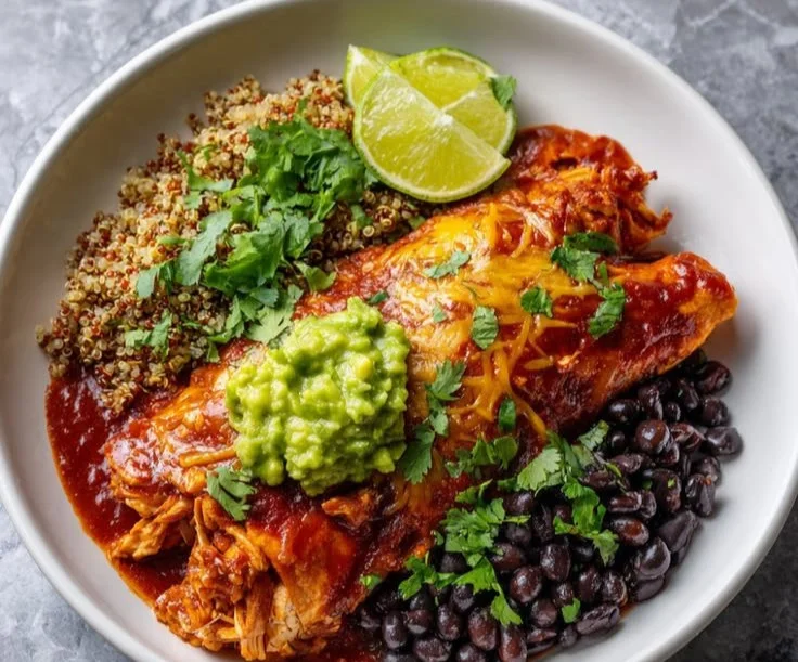 High-protein chicken enchilada bowls with fresh ingredients and vibrant colors.