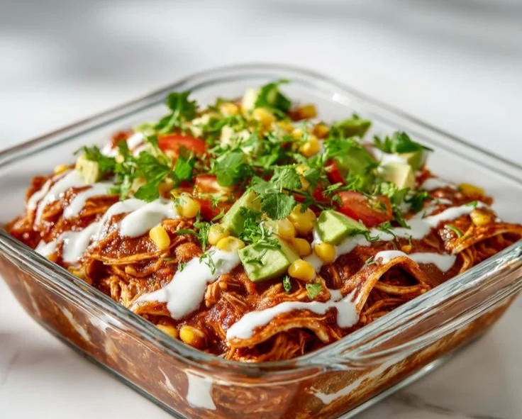 High-protein chicken enchilada bowls with fresh ingredients and toppings.