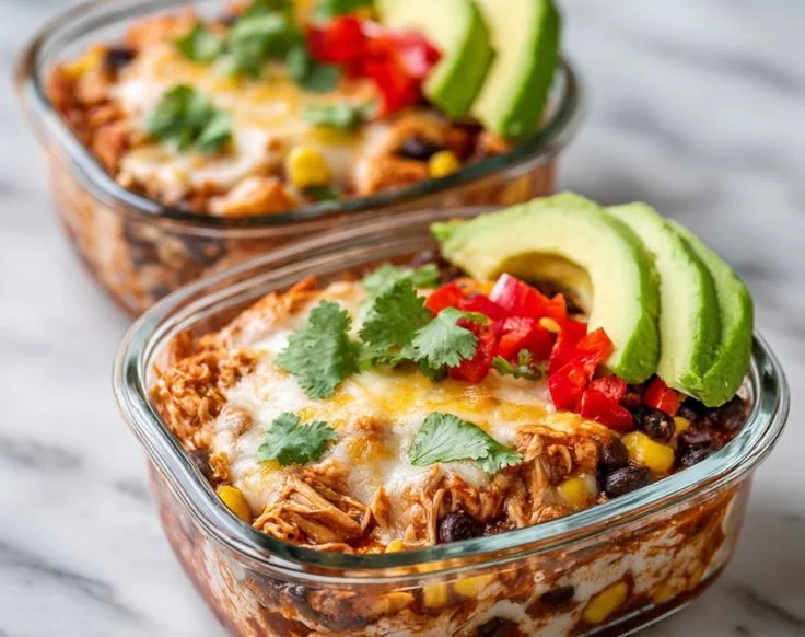 High-protein chicken enchilada bowls topped with cottage cheese and fresh ingredients.