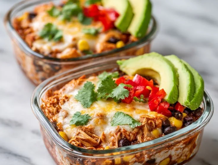 High-protein chicken enchilada bowls topped with cottage cheese and fresh ingredients