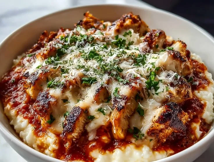 High-Protein Chicken Parm Cottage Cheese Bowl with fresh ingredients