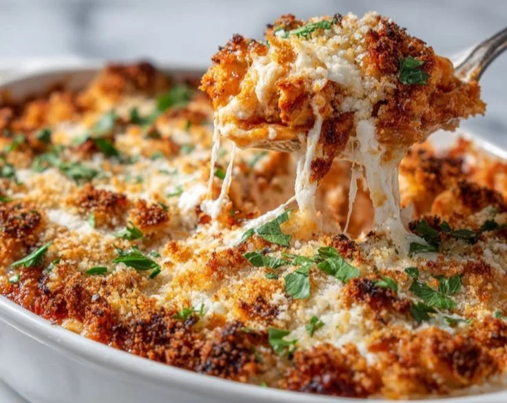 High-Protein Chicken Parmesan Casserole topped with melted cheese and herbs