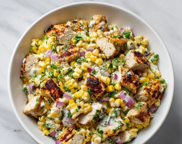 High-protein creamy chicken street-corn salad served in a bowl